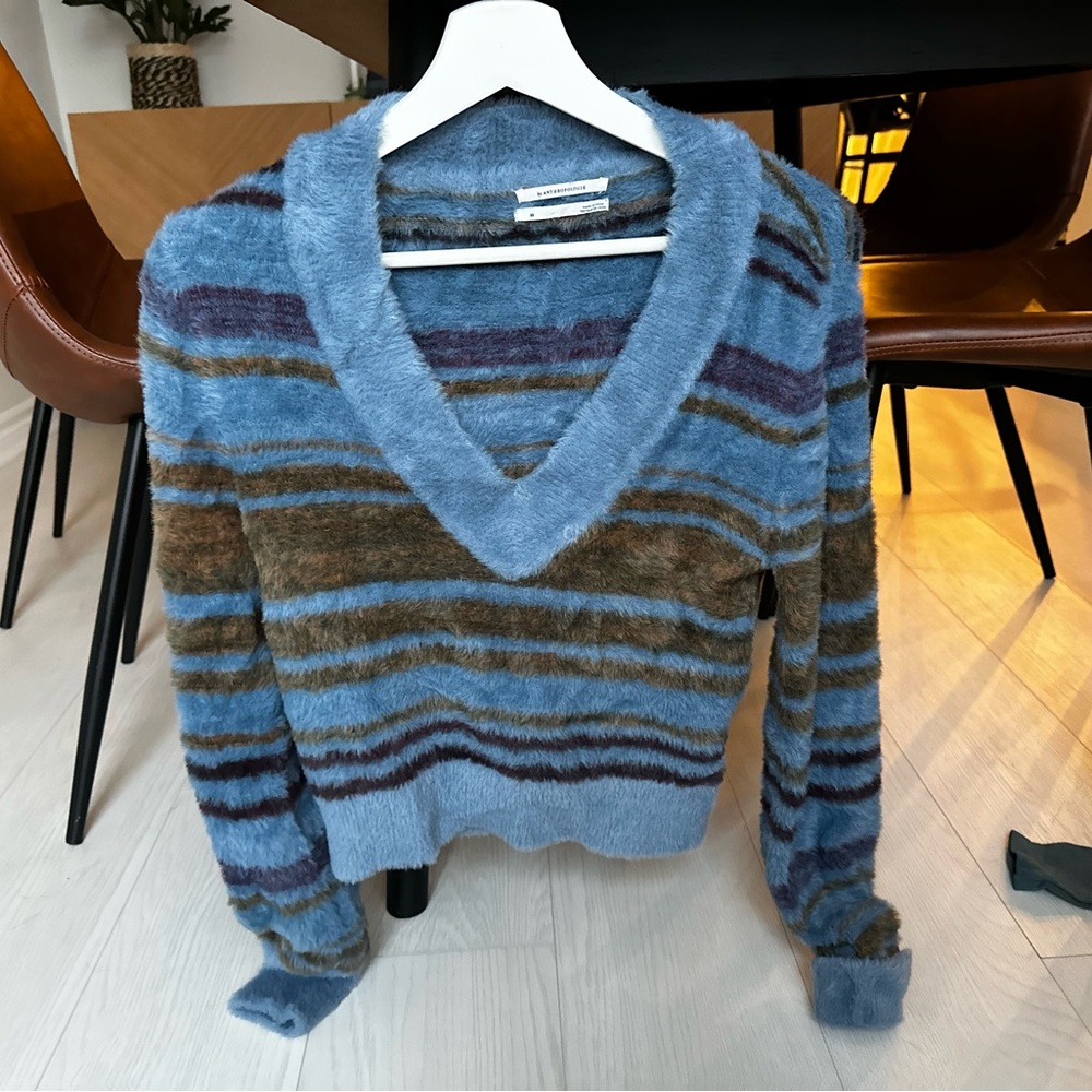 Anthropologie Striped V-Neck Fuzzy Sweater